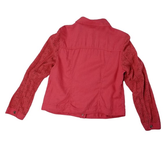 Chico's Linen Shacket Truckers Jacket Womens Sz M ( 1 ) Lace Sleeve Salmon - Picture 2 of 16